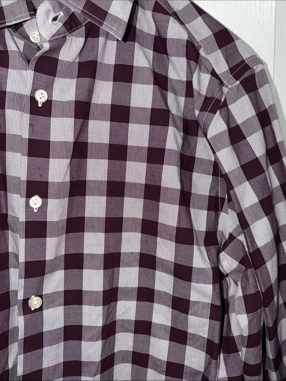 Banana Republic Men's Check Button-Down Shirt Maroon & Gray Camden fit non-iron